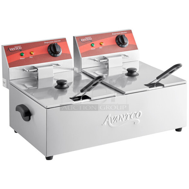 BRAND NEW SCRATCH AND DENT! 2023 Avantco 177F102 Stainless Steel Countertop Electric Powered 2 Bay Fryer w/ 2 Metal Fry Baskets and 2 Lids. 120 Volts, 1 Phase.  - Image 1 of 5