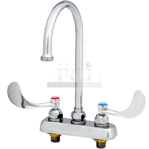 BRAND NEW SCRATCH AND DENT! T&S B-1141-XSCR4V15 Deck Mounted Workboard Faucet with 4" Centers, 5 3/4" Gooseneck Spout, 1.5 GPM Aerator, Cerama Cartridges, and Wrist Action Handles - Image 1 of 3