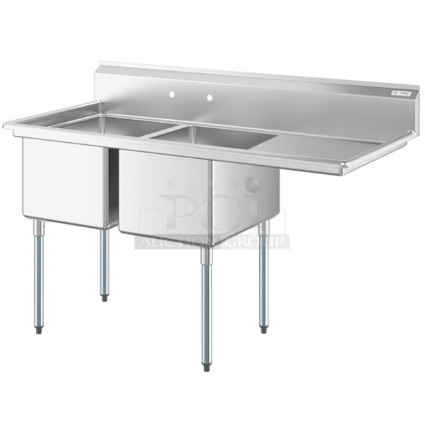 BRAND NEW SCRATCH AND DENT! Regency 600S2182424R Stainless Steel Commercial 2 Bay Sink w/ Right Side Drain Board. No Legs. Bays 18x24x15. Drain Board 22x25 - Image 1 of 6