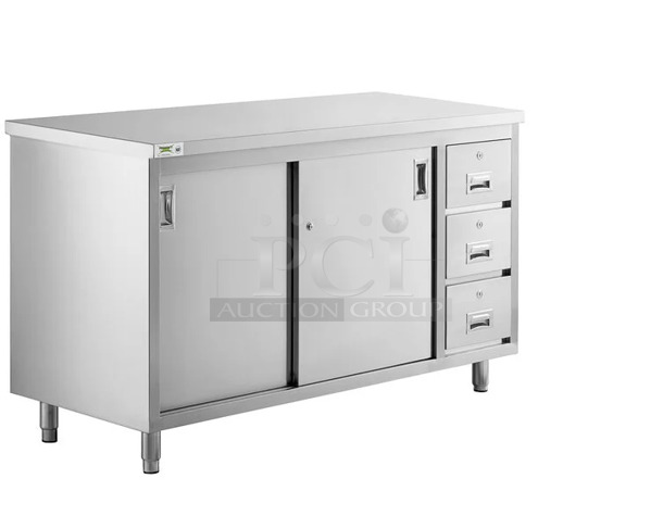 BRAND NEW SCRATCH AND DENT! Regency 600EBT2460R 24" x 60" 16 Gauge Type 304 Stainless Steel Enclosed Base Sliding Door Table with Drawers - Image 1 of 6