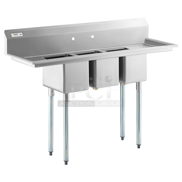 BRAND NEW SCRATCH AND DENT! Regency 600S31014212 58" 16-Gauge Stainless Steel Three Compartment Commercial Sink with Galvanized Steel Legs and 2 Drainboards - 10" x 14" x 10" Bowls. No Legs.  - Image 1 of 6