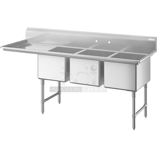 BRAND NEW SCRATCH AND DENT! Regency 600S3181818L 16 Gauge Stainless Steel Three Compartment Commercial Sink with Cross Bracing and Left Drainboard - 18" x 18" x 14" Bowls. No Legs.  - Image 1 of 7