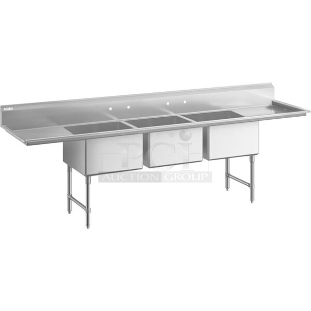 BRAND NEW SCRATCH AND DENT! Regency 600S32424224 124" 16-Gauge Stainless Steel Three Compartment Commercial Sink with 2 Drainboards - 24" x 24" x 14" Bowls - Image 1 of 9