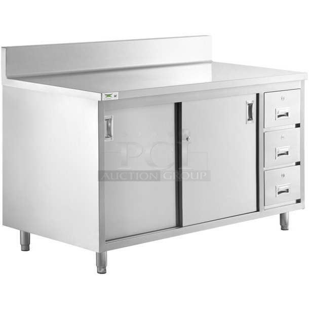 BRAND NEW SCRATCH AND DENT! Regency 600EBTB3060R 30" x 60" 16 Gauge Type 304 Stainless Steel Enclosed Base Sliding Door Table with Drawers and 6" Backsplash - Image 1 of 6