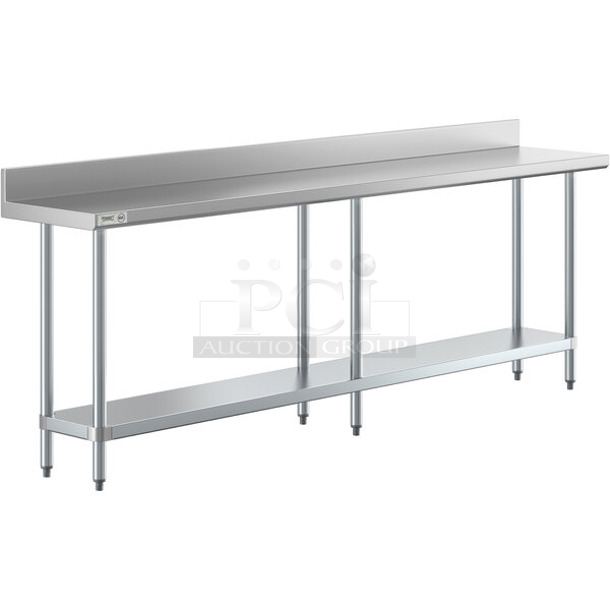 BRAND NEW SCRATCH AND DENT! Regency 600TB1896G 18" x 96" 18-Gauge 304 Stainless Steel Commercial Work Table with 4" Backsplash and Galvanized Undershelf. No Legs. - Image 1 of 5