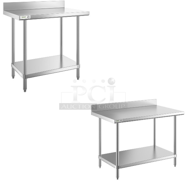 2 BRAND NEW SCRATCH AND DENT! Items; Regency 600TSB2436S 24" x 36" 16-Gauge Stainless Steel Commercial Work Table with 4" Backsplash and Undershelf and Regency 600TSB3048S 30" x 48" 16-Gauge Stainless Steel Commercial Work Table with 4" Backsplash and Undershelf. 2 Times Your Bid! May Be Missing Pieces. - Image 1 of 6