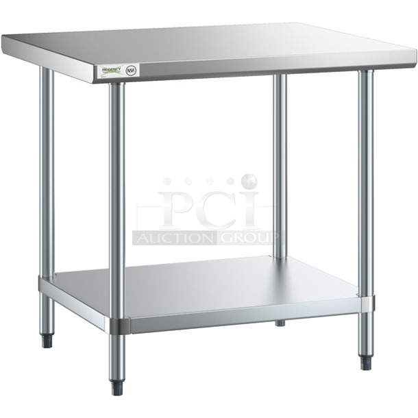 BRAND NEW SCRATCH AND DENT! Regency 600T3036G 30" x 36" 18-Gauge 304 Stainless Steel Commercial Work Table with Galvanized Legs and Undershelf. May Be Missing Pieces. - Image 1 of 3