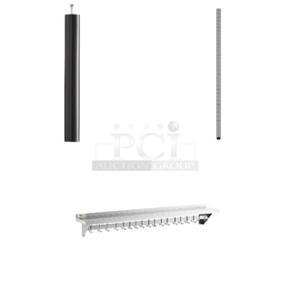 3 BRAND NEW SCRATCH AND DENT! Items; Lancaster Table & Seating 164TCOLROD25  25 3/16" Standard Height Table Base Column and Rod, Regency 460SSP34 Spec Line 34" NSF Stainless Steel Post and Regency 600PS1272 12" x 72" Stainless Steel Wall Mounted Pot Rack with Shelf and 18 Galvanized Hooks. 3 Times Your Bid!