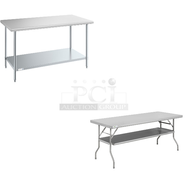 2 BRAND NEW SCRATCH AND DENT! Steelton 522ETSG3060  30" x 60" 18 Gauge 430 Stainless Steel Work Table with Undershelf and Regency 600FWT3072US 30" x 72" 18-Gauge Stainless Steel Folding Work Table with Removable Undershelf. 2 Times Your Bid! May Be Missing Pieces. - Image 1 of 4