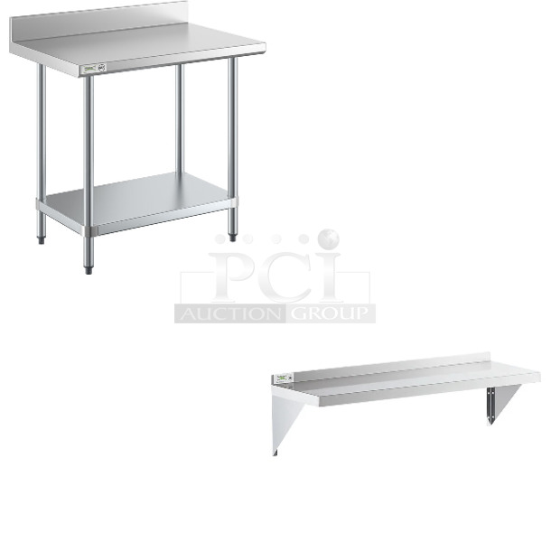 2 BRAND NEW SCRATCH AND DENT! Items; Regency 600WS1248 18 Gauge Stainless Steel 12" x 48" Solid Wall Shelf and Regency 600TB2436G 24" x 36" 18-Gauge 304 Stainless Steel Commercial Work Table with 4" Backsplash and Galvanized Undershelf. 2 Times Your Bid! May Be Missing Pieces. - Image 1 of 5