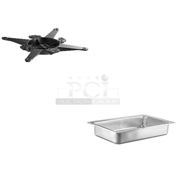 2 BRAND NEW SCRATCH AND DENT! Items; 164TS1800 Lancaster Table & Seating 18" Cast Iron Table Base Spider and 922WATRPNFUL Choice 4" Deep Full Size Water Pan. 2 Times Your Bid! May Be Missing Pieces. - Image 1 of 3