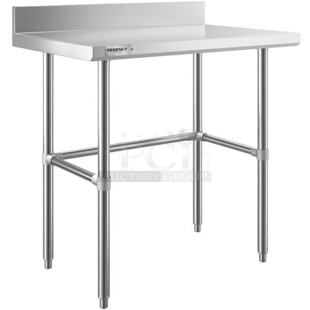 2 BRAND NEW SCRATCH AND DENT! Items; Regency 600WT30X36BS 30" x 36" 16-Gauge 304 Stainless Steel Commercial Open Base Work Table with 4" Backsplash and Regency 600WTS24X36B Spec Line 24" x 36" 14-Gauge 304 Stainless Steel Commercial Open Base Work Table with 4" Backsplash. 2 Times Your Bid! May Be Missing Pieces. - Image 1 of 3