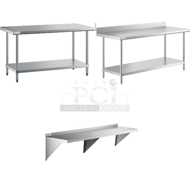 3 BRAND NEW SCRATCH AND DENT! Items; Regency 600T3060G 30" x 60" 18-Gauge 304 Stainless Steel Commercial Work Table with Galvanized Legs and Undershelf, Regency 600WS1572HD 16 Gauge Stainless Steel 15" x 72" Heavy-Duty Solid Wall Shelf and Regency 600TSB3072S 30" x 72" 16-Gauge Stainless Steel Commercial Work Table with 4" Backsplash and Undershelf. 3 Times Your Bid! May Be Missing Pieces. - Image 1 of 4