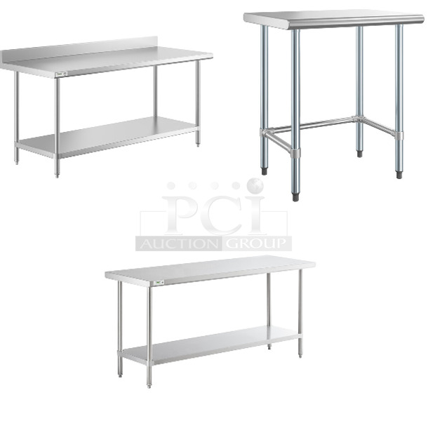 3 BRAND NEW SCRATCH AND DENT! Items; Regency 600TSB3072S 30" x 72" 16-Gauge Stainless Steel Commercial Work Table with 4" Backsplash and Undershelf, Steelton 522ETOB2430 24" x 30" 18-Gauge 430 Stainless Steel Open Base Work Table and Regency 600TS2472S 24" x 72" 16-Gauge 304 Stainless Steel Commercial Work Table with Undershelf. 3 Times Your Bid! May Be Missing Pieces. - Image 1 of 3