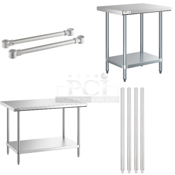 4 BRAND NEW SCRATCH AND DENT! Items; Regency 600CB23SS 16 11/32" Side Sink Cross Brace - 2/Set, 34" Legs for Work Table, Regency 600T2430G 24" x 30" 18-Gauge 304 Stainless Steel Commercial Work Table with Galvanized Legs and Undershelf, Regency 600TSS3048S Spec Line 30" x 48" 14 Gauge Stainless Steel Commercial Work Table with Undershelf. 4 Times Your Bid! May Be Missing Pieces.  - Image 1 of 6
