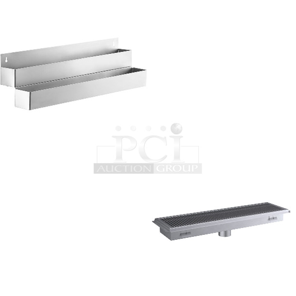 2 BRAND NEW SCRATCH AND DENT! Items; 712B5536D Steelton Stainless Steel Double Tier Speed Rail - 36", Regency 600FT1242SS 12" x 42" 14-Gauge Stainless Steel Floor Trough with Grate. 2 Times Your Bid! May Be Missing Pieces.  - Image 1 of 3