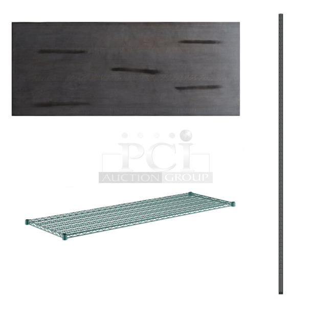 5 BRAND NEW SCRATCH AND DENT! Items; Box of 2 Regency 460EG2472 24" x 72" NSF Green Epoxy Wire Shelf, 3 Boxes of 4 Regency 460EBP64 64" NSF Black Epoxy Post, 3493072ANTGY Lancaster Table & Seating Industrial 30" x 72" Solid Wood Live Edge Table Top with Antique Slate Gray Finish. 5 Times Your Bid! May Be Missing Pieces.  - Image 1 of 5