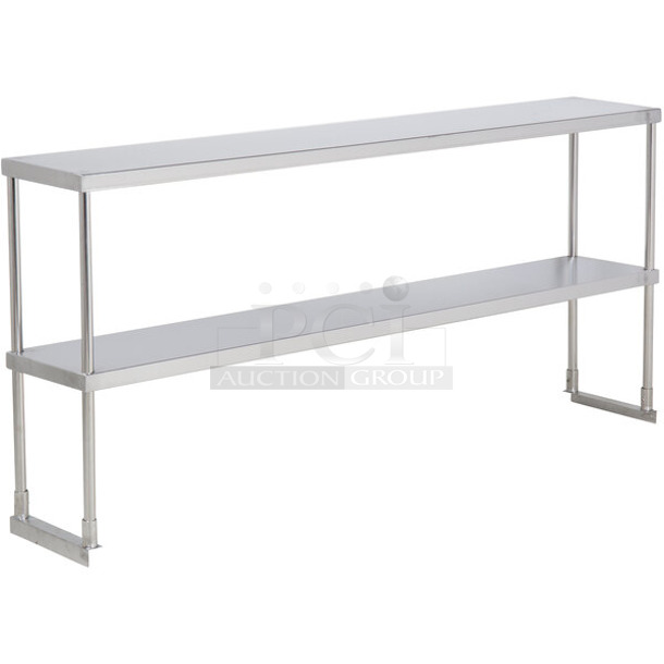 2 BRAND NEW SCRATCH AND DENT! Avantco 178SSDOS7112 Stainless Steel Double Deck Overshelf - 12" x 70 3/8" and 2 Walls for Pan Rack. 2 Times Your Bid!  - Image 1 of 3