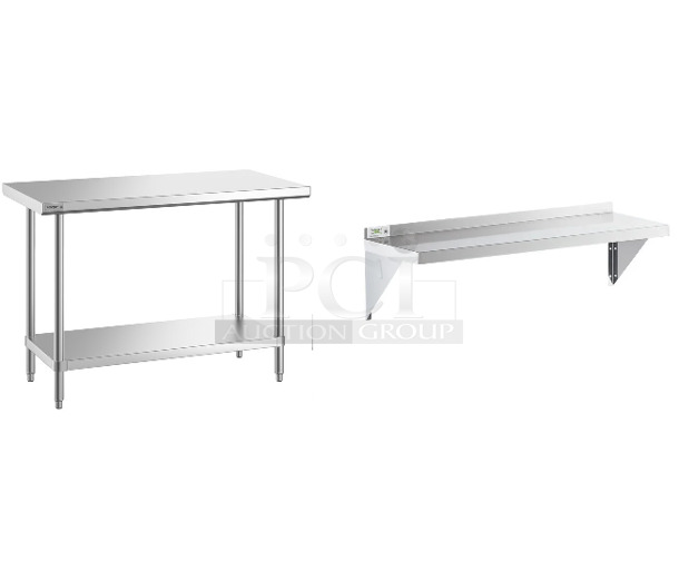 3 BRAND NEW SCRATCH AND DENT! Items; Regency 600TSS2448S Spec Line 24" x 48" 14 Gauge Stainless Steel Commercial Work Table with Undershelf, Two Regency 600WS1248 18 Gauge Stainless Steel 12" x 48" Solid Wall Shelf. 3 Times Your Bid! May Be Missing Pieces. - Image 1 of 4
