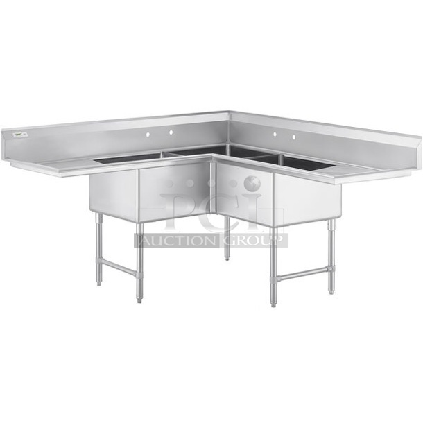 BRAND NEW SCRATCH AND DENT! Regency 600S3242424C Stainless Steel Commercial 3 Bay L Shaped Sink w/ Left Side Drain Board. No Legs. Bays 24x24. Drain Boards 22x26 - Image 1 of 8