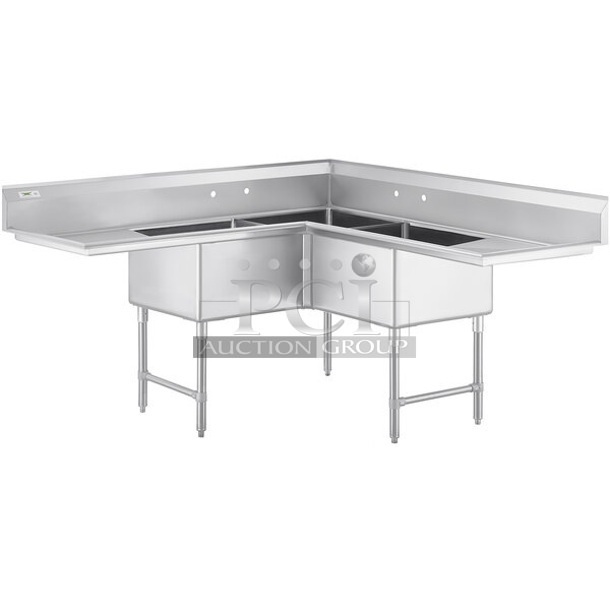 BRAND NEW SCRATCH AND DENT! Regency 600S32020C Stainless Steel 3 Bay L Shaped Sink w/ Dual Drain Boards. Bays 20x20x12. No Legs.  - Image 1 of 7