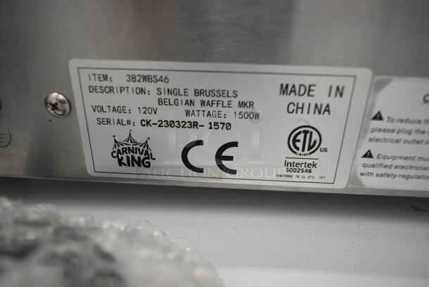 BRAND NEW SCRATCH AND DENT! 2023 Carnival King 382WBS46 Brussels Style Waffle Maker with Timer. 120 Volts, 1 Phase. Tested and Working! - Image 5 of 5