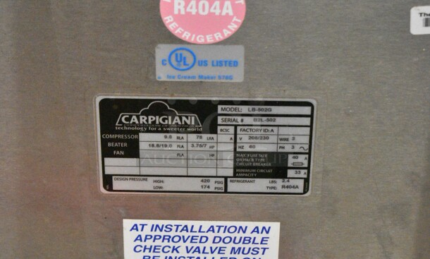 Carpigiani LB-502G Stainless Steel Commercial Water Cooled Floor Style Batch Freezer on Commercial Casters. 208/230 Volts, 3 Phase.  - Image 8 of 8