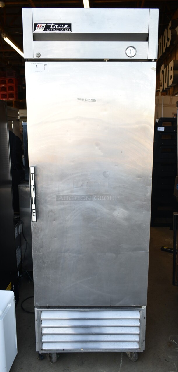 True T-23 Stainless Steel Commercial Single Door Reach In Cooler w/ Poly Coated Racks on Commercial Casters. 115 Volts, 1 Phase. Tested and Working! - Image 1 of 5
