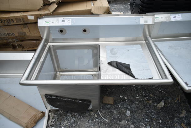 BRAND NEW SCRATCH AND DENT! Regency 600S1181818R 38 1/2" 16-Gauge Stainless Steel One Compartment Commercial Sink with Galvanized Legs and 1 Drainboard - 18" x 18" x 14" Bowl. No Legs.  - Image 2 of 5