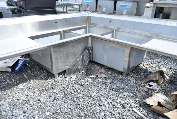 BRAND NEW SCRATCH AND DENT! Regency 600S3242424C Stainless Steel Commercial 3 Bay L Shaped Sink w/ Left Side Drain Board. No Legs. Bays 24x24. Drain Boards 22x26 - Image 3 of 7