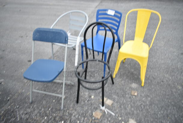 5 BRAND NEW SCRATCH AND DENT! Dining Height Chairs; Yellow Tolix Style, Metal Frame, Blue Folding, Blue Poly and Metal Arm Chair. 5 Times Your Bid! - Image 1 of 7