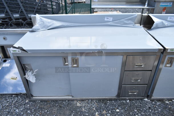 BRAND NEW SCRATCH AND DENT! Regency 600EBTB3060R 30" x 60" 16 Gauge Type 304 Stainless Steel Enclosed Base Sliding Door Table with Drawers and 6" Backsplash - Image 2 of 7