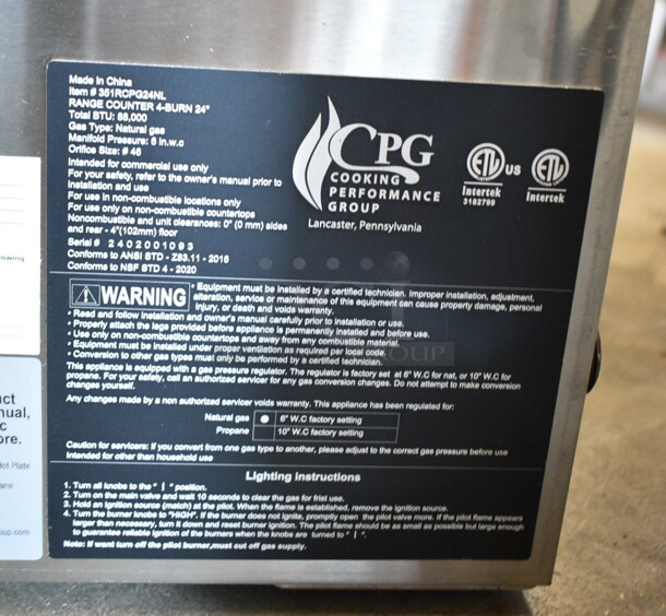 BRAND NEW SCRATCH AND DENT! Cooking Performance Group CPG 351RCPG24NL Stainless Steel Commercial Countertop Natural Gas Powered 4 Burner Range.  - Image 6 of 6