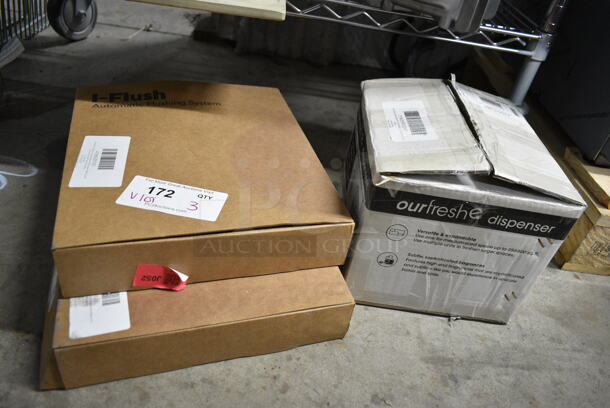 BRAND NEW SCRATCH AND DENT! Lot of Various Items Including 91AOFEFCBNT Fresh Products Ourfreshe OFE-F-000I006M Air Freshener Cabinet - 6/Case, 41AK200101 Flushmate K-200101 I-Flush On-Wall Sensor System with Chrome Trim for 503, 503H, and 504 Series, 41AK200100 Flushmate K-200100 I-Flush On-Wall Sensor System with White Trim for 503, 503H, and 504 Series - Image 1 of 5