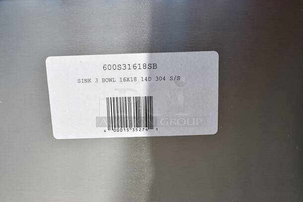 BRAND NEW SCRATCH AND DENT! Regency 600S31618SB 48" 16-Gauge Stainless Steel Three Compartment Commercial Utility Sink - 16" x 18" x 14" Bowl. - Image 8 of 9