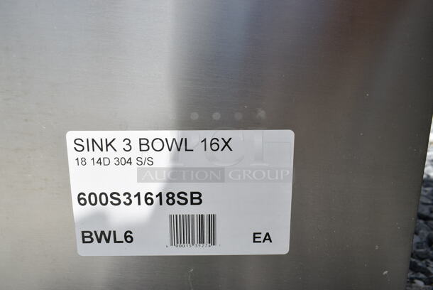 BRAND NEW SCRATCH AND DENT! Regency 600S31618SB 48" 16-Gauge Stainless Steel Three Compartment Commercial Utility Sink - 16" x 18" x 14" Bowl. - Image 9 of 9