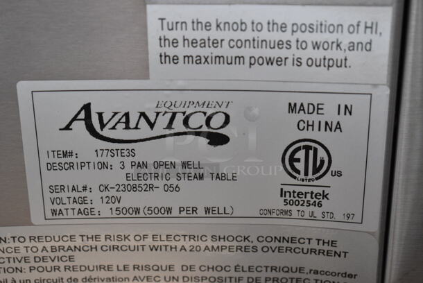 BRAND NEW SCRATCH AND DENT! 2023 Avantco 177STE3S Stainless Steel Commercial Electric Powered 3 Bay Steam Table. 120 Volts, 1 Phase. Tested and Working! - Image 7 of 7