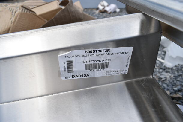 BRAND NEW SCRATCH AND DENT! Regency 600ST3072R 30" x 72" 16 Gauge Stainless Steel Work Table with Sink. No Legs or Under Shelf. - Image 6 of 7
