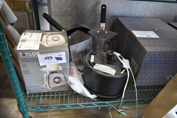 4 BRAND NEW SCRATCH AND DENT! Items; Taylor 608Y32R TS32 32 oz. Mechanical Portion Control Scale, CP120 Ceiling Fan Base and 2 582112B Steam Baskets. 4 Times Your Bid! - Image 1 of 8