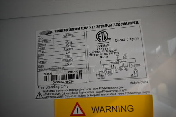 BRAND NEW SCRATCH AND DENT! Whynter CDF-177SB Countertop Reach In 1.8 cu ft Display Glass Door Freezer Merchandiser. 115 Volt, 1 Phase. Tested and Working! - Image 6 of 6