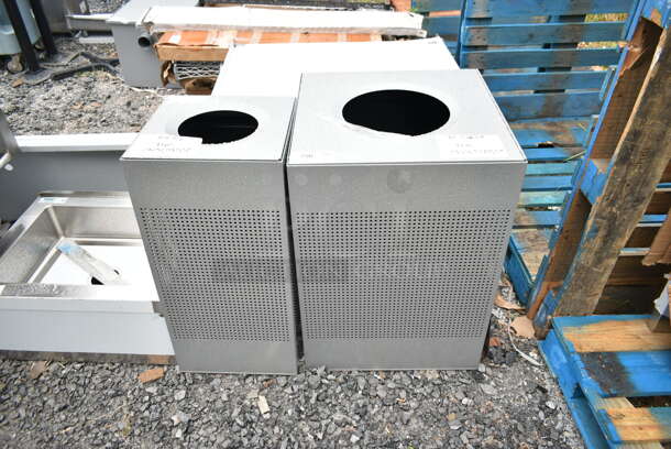 2 BRAND NEW SCRATCH AND DENT! Items; Rubbermaid FGSC22EPLSM Silhouettes Silver Metallic Steel Designer Square Waste Receptacle - 40 Gallon and Rubbermaid FGSC14EPLSM Silhouettes Metallic Silver Steel Designer Square Waste Receptacle - 16 Gallon. 2 Times Your Bid! - Image 1 of 6