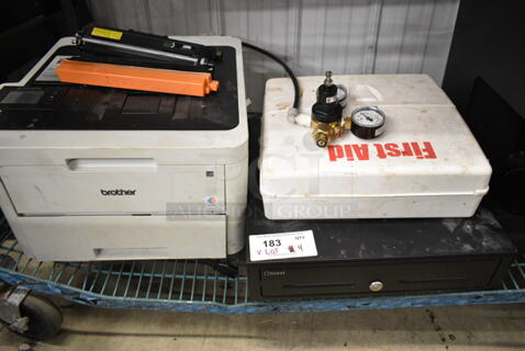 ALL ONE MONEY! Lot of Brother Printer, First Aid Kit and Black Metal Cash Register