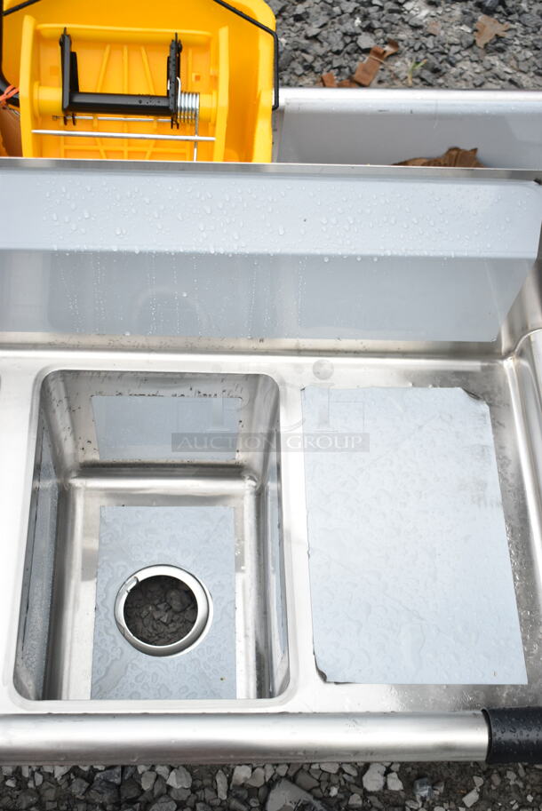 BRAND NEW SCRATCH AND DENT! Regency 600S31014212 58" 16-Gauge Stainless Steel Three Compartment Commercial Sink with Galvanized Steel Legs and 2 Drainboards - 10" x 14" x 10" Bowls. No Legs.  - Image 3 of 6