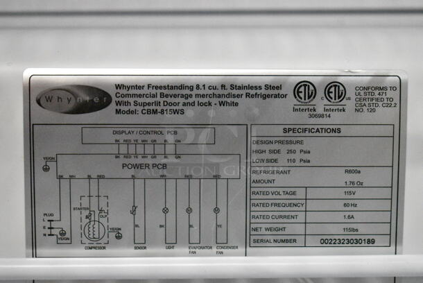 BRAND NEW SCRATCH AND DENT! Whynter CBM-815WS Freestanding 8.1 CF Commercial Beverage Merchandiser. 115 Volt, 1 Phase. Tested and Working! - Image 7 of 7