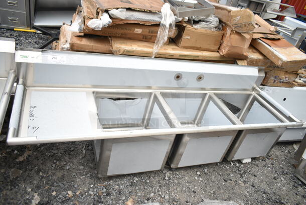 BRAND NEW SCRATCH AND DENT! Regency 600S3181818L 16 Gauge Stainless Steel Three Compartment Commercial Sink with Cross Bracing and Left Drainboard - 18" x 18" x 14" Bowls. No Legs.  - Image 2 of 7