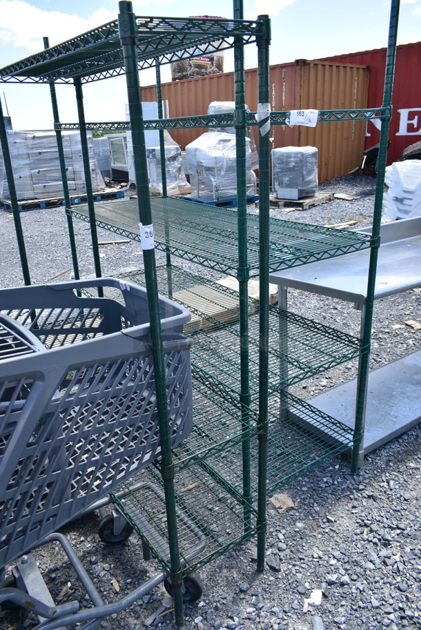 Green Finish 3 Tier Wire Shelving Unit. BUYER MUST DISMANTLE. PCI CANNOT DISMANTLE FOR SHIPPING. PLEASE CONSIDER FREIGHT CHARGES.  - Image 1 of 3