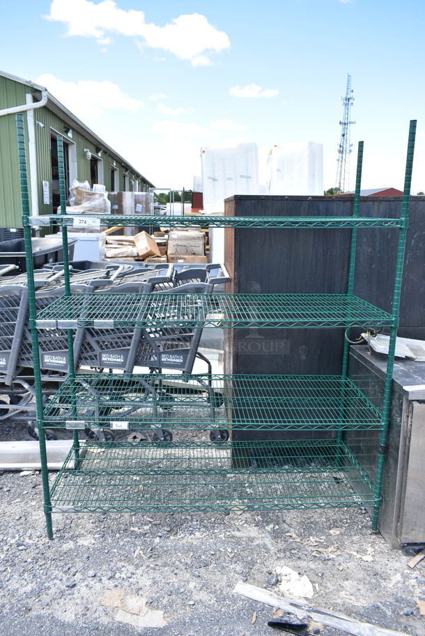 Green Finish 4 Tier Wire Shelving Unit. BUYER MUST DISMANTLE. PCI CANNOT DISMANTLE FOR SHIPPING. PLEASE CONSIDER FREIGHT CHARGES.
  - Image 1 of 2