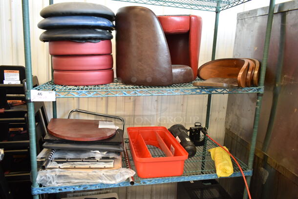 ALL ONE MONEY! Two Tier Lot of Various BRAND NEW SCRATCH AND DENT Items Including Brown Seat, Red Seat, 3 Round Red Stool Cushions, Gray Stool Cushion, Blue Stool Cushion, Black Stool Cushion, Wooden Back Rests, Pentair Water Filter, 475WHLDDSRD Red Slim Jim Trash Can Lid, Metal Hood Filter - Image 1 of 12