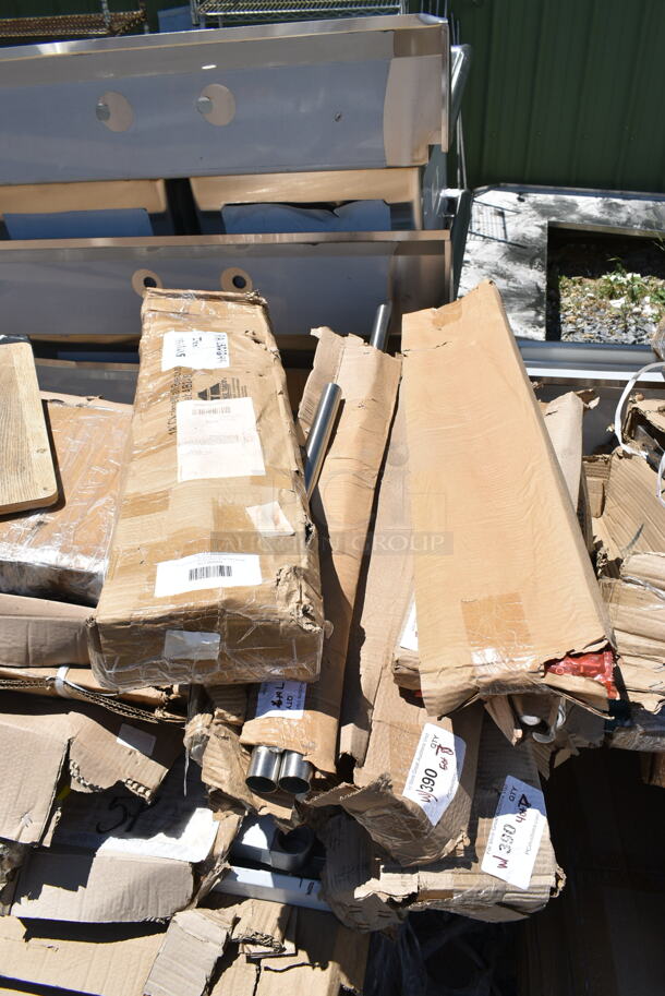 ALL ONE MONEY! Lot of 7 Various BRAND NEW SCRATCH AND DENT! Items Including 109AB218 Advance Tabco AB2-18 End-Mounted Shelving System for 18" Chrome Wire Shelves, 600CBWT3048 Regency Cross Brace for 30" x 48" Work Tables, 600LEGSS711 Stainless Steel Legs, 600LEGSS14 Regency 18 1/2" Stainless Steel Leg for Sinks, 600LEGSS12 Regency 20 1/2" Stainless Steel Leg - Image 1 of 11