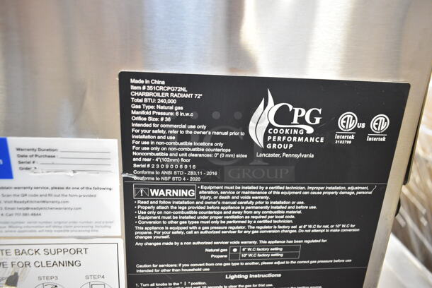 BRAND NEW SCRATCH AND DENT! 2023 Cooking Performance Group CPG 351CRCPG72NL Stainless Steel Commercial Countertop Natural Gas Powered Charbroiler Grill. Missing Grates. 240,000 BTU.  - Image 8 of 8